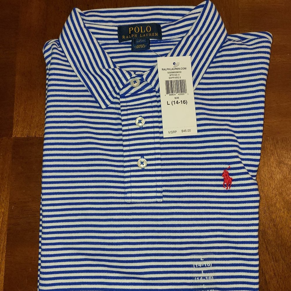 NWT: Boys Polo 3-Button Blue/White Shirt: 14/16